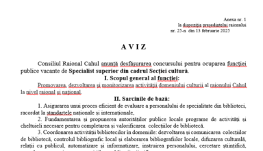  Consiliul Raional Cahul anunţă desfăşurarea concursului pentru ocuparea funcţiei publice vacante de Specialist superior din cadrul Secției cultură